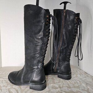 Joie Victorian Knee-high boots Lace and Zip Black Leather Euro 37 / 6.5 US